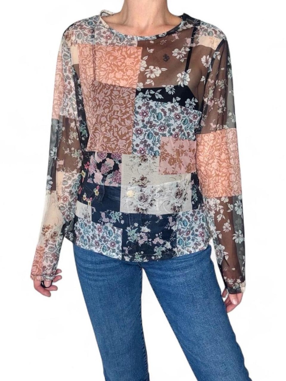 Colorful Floral Patchwork Boho Sheer Long Sleeve Shirt